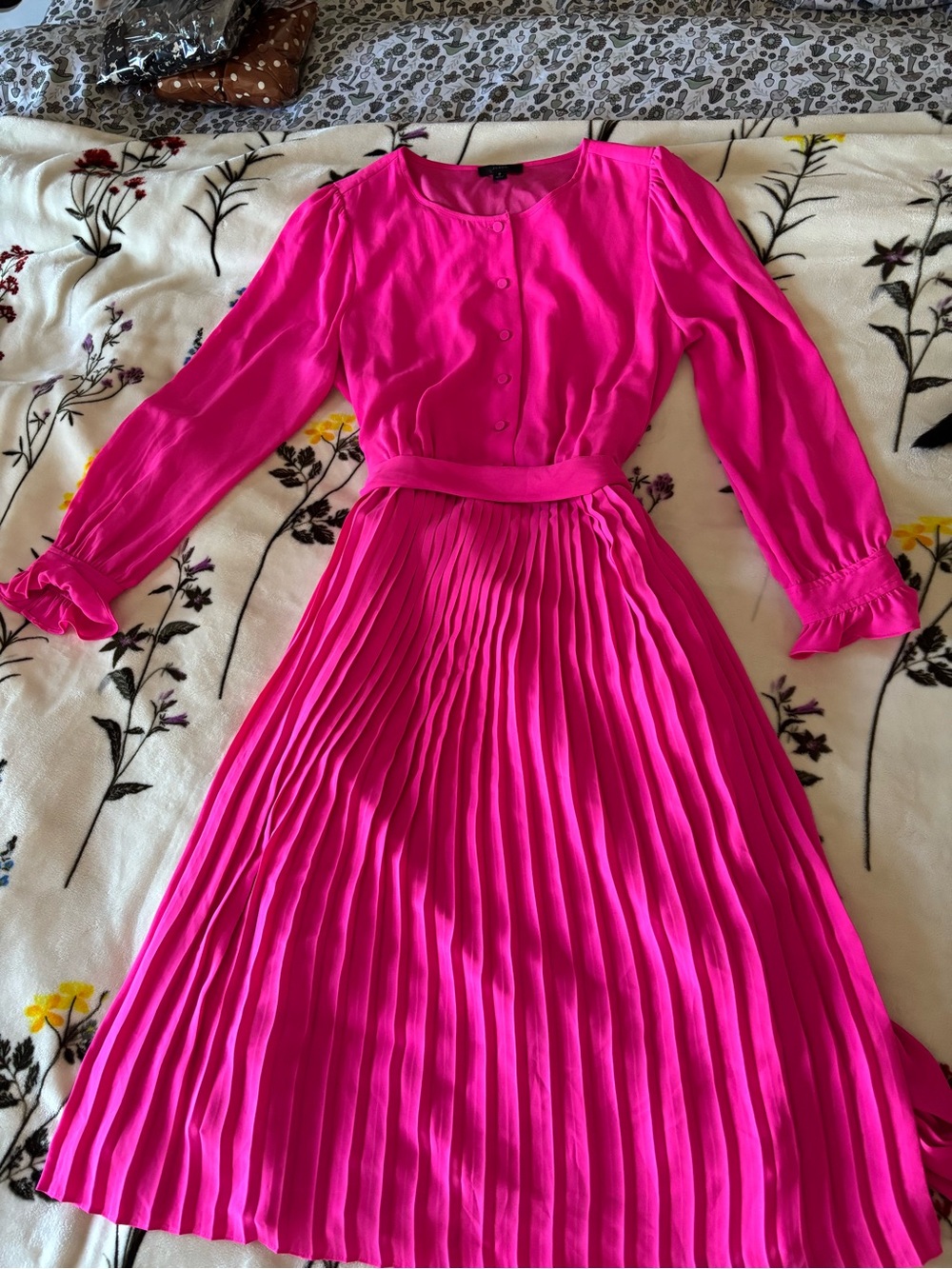 J.CREW Pink Pleated Long-Sleeve Midi Dress